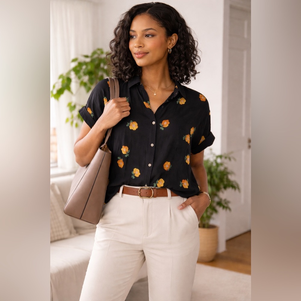 Madewell Black Floral Viscose Blouse Small Minimal Spring Button Up Office